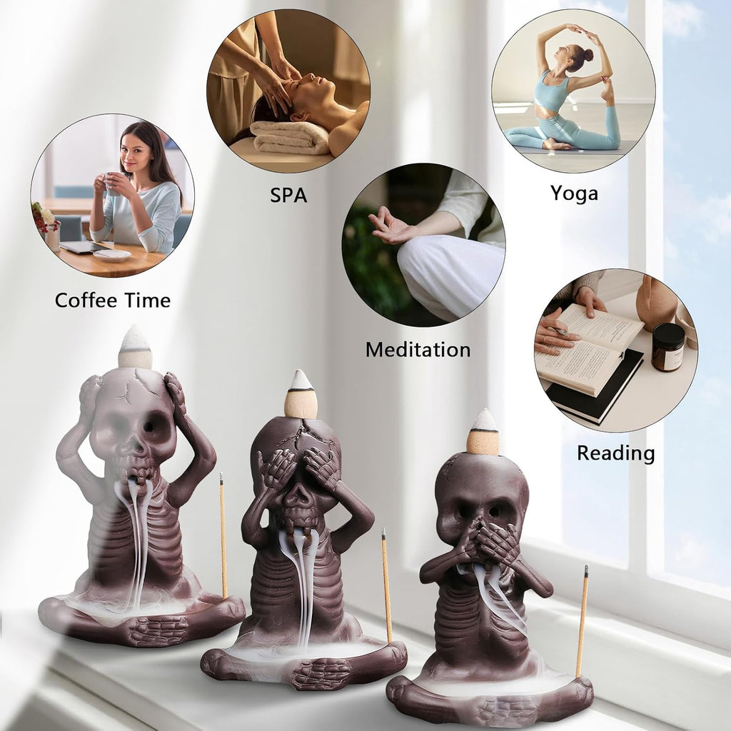 Backflow Incense Burner Skull Decor Incense Stick Holder Reverse Flow Censer Incense Waterfall Burner + Backflow - Set of 3