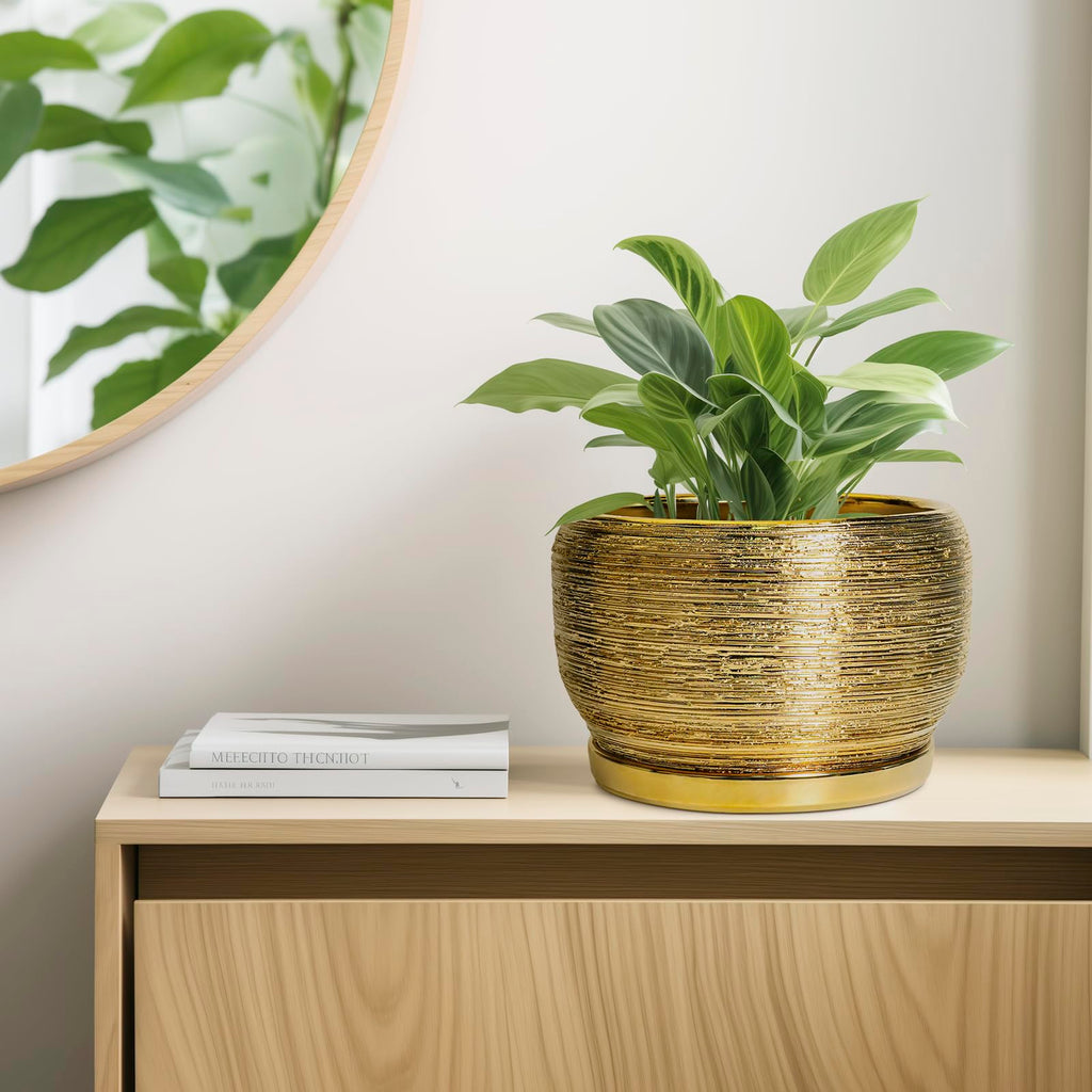 Ceramic Planter for Indoor Plants - 10 Inch Plant Pot with Drainage Hole and Saucer, Modern Round Planter Outdoor