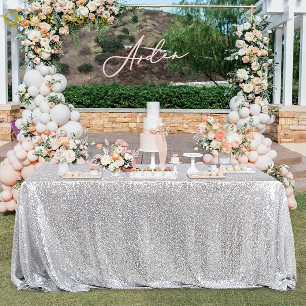 Sequin Tablecloth 60x102 Inch Silver Glitter Wedding Fabric for 6ft Table
