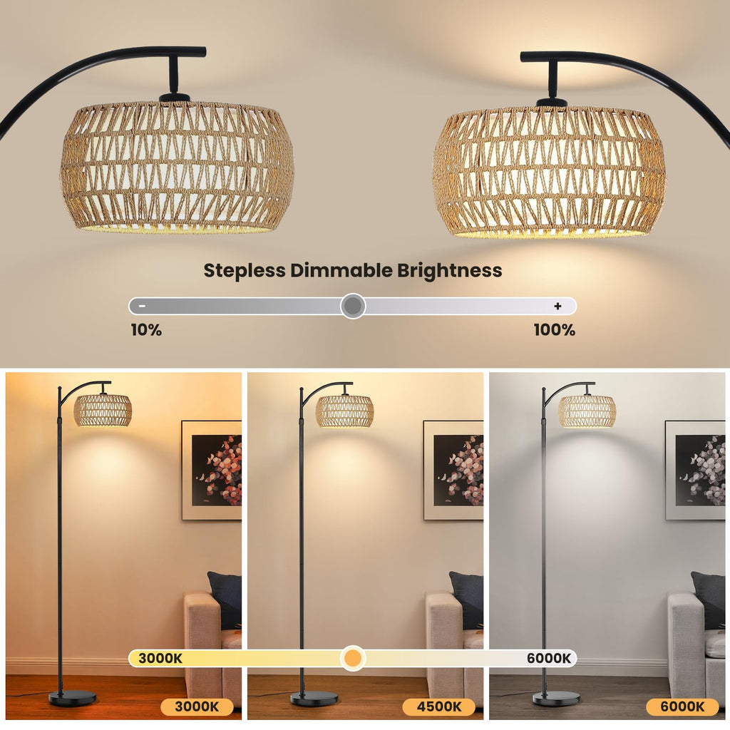 Arc Floor Lamp, Farmhouse Floor Lamps with Remote Control & Dimmable Bulb, Boho Rattan Tall Standing Lamp Office
