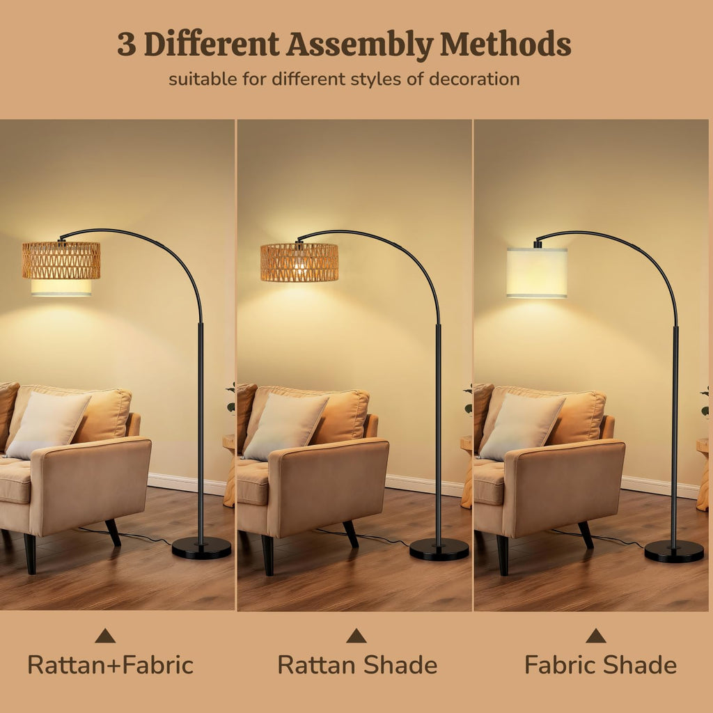 Arc Floor Lamp, Rattan Boho Floor Lamp with Remote Control, Black Standing Lamp with 3 Color Temperatures & Dimmable