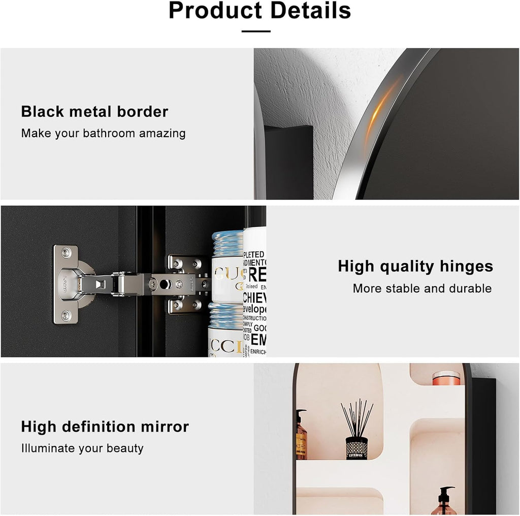 Arched Medicine Cabinet with Mirror, Arched Mirror Cabinet | Black Metal Edge,Medicine Cabinet Surface Mount