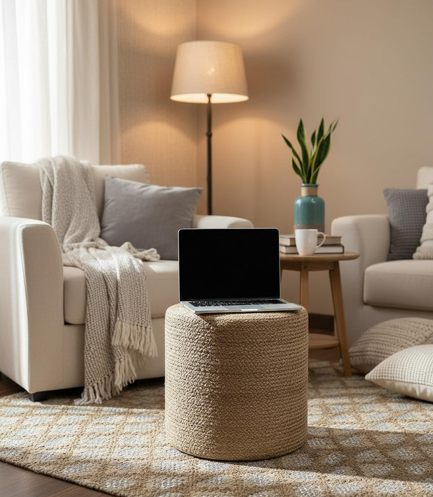 Pouf Ottoman 100% Jute Braided Pouffe Black (16"x16"x16")