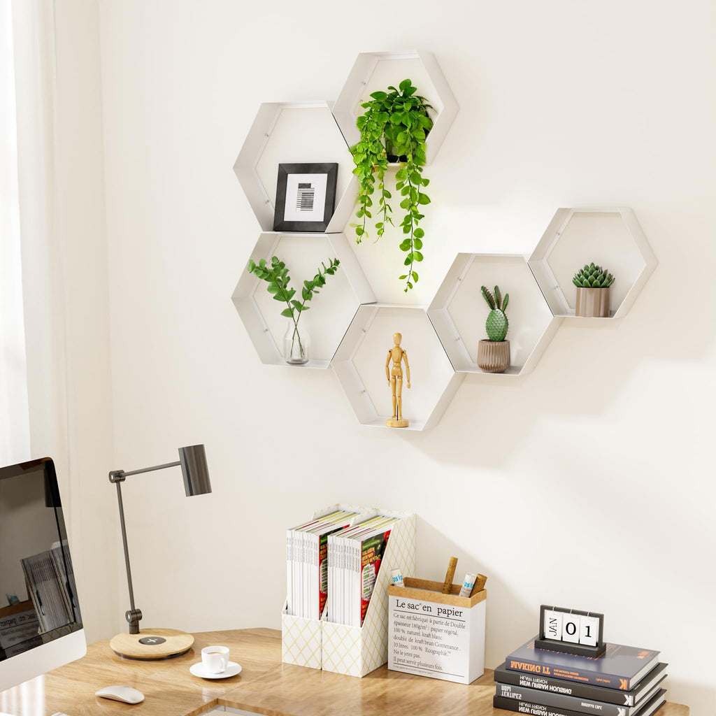 Hexagon Floating Shelves Set of 6, White Metal Wall Mounted Shelves