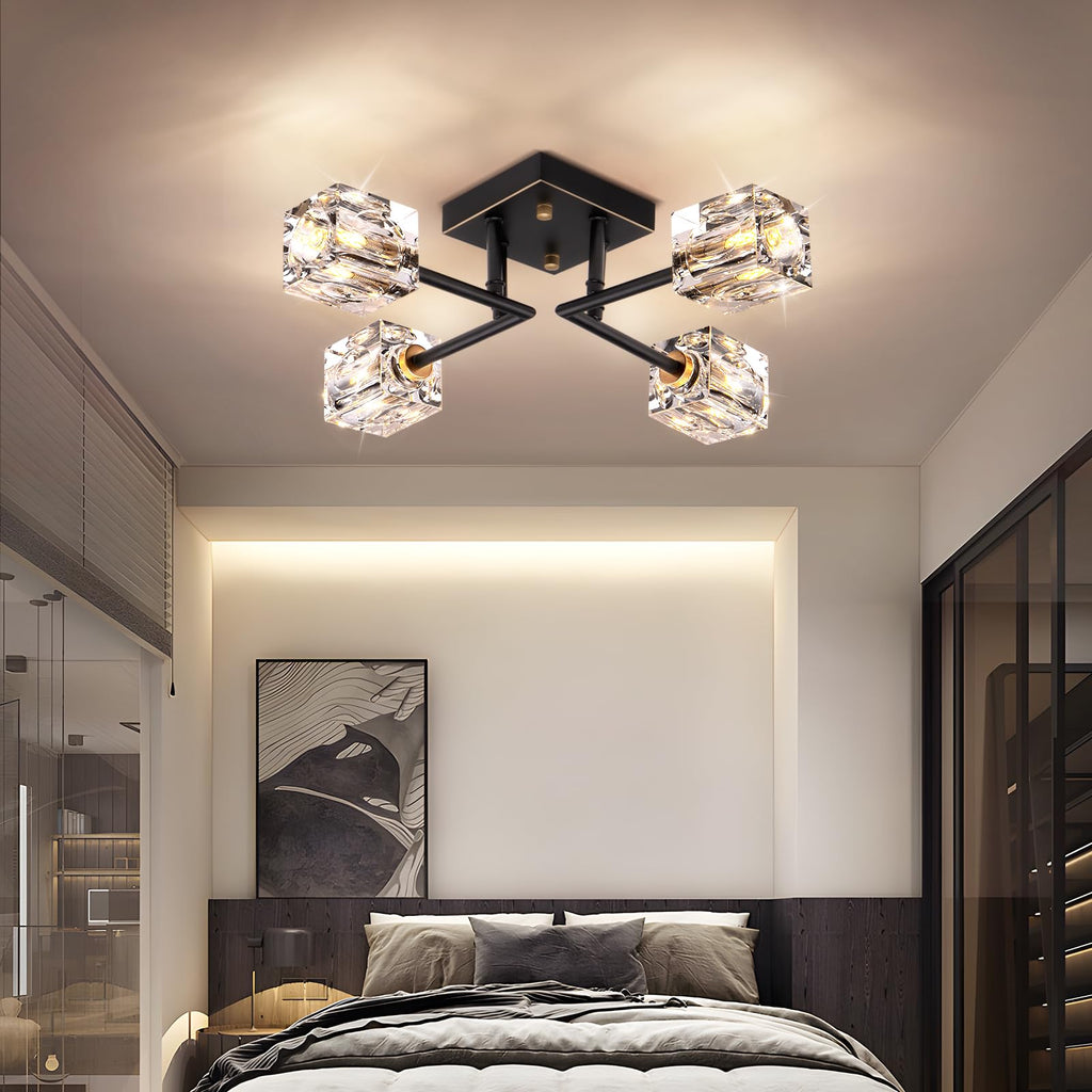 Modern Crystal Ceiling Light, Semi Flush Mount Ceiling Light Fixture with 4-Lights, Black and Gold Sputnik Chandeliers