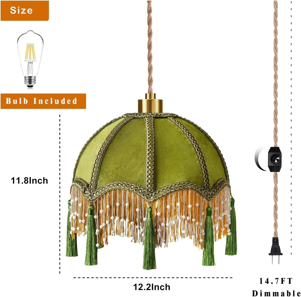 Plug in Pendant Light Fringe Hanging Lights with Plug in Cord Green Hanging Lamp Gold Mid Century Modern Vintage