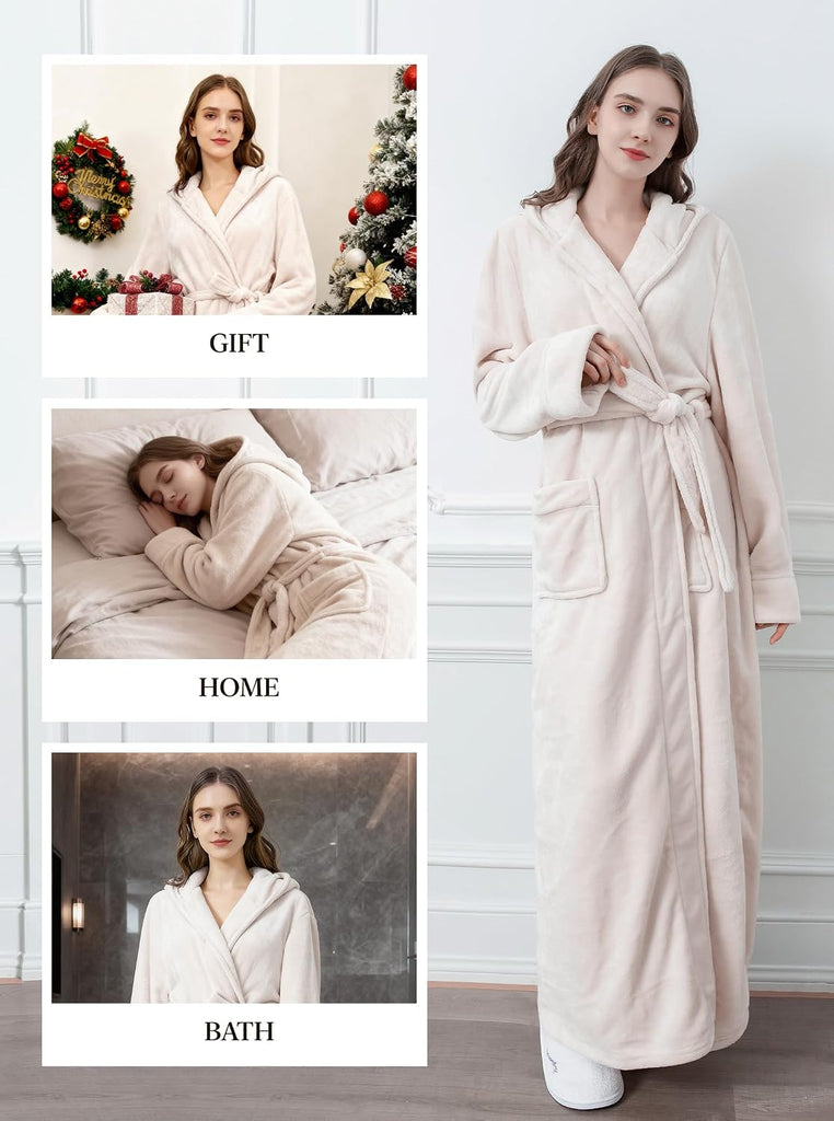 Women Hood Plush Robes: Full Long Fluffy Fleece Warm Bathrobes | Soft Hooded Floor Length Bath Robes With Belt And