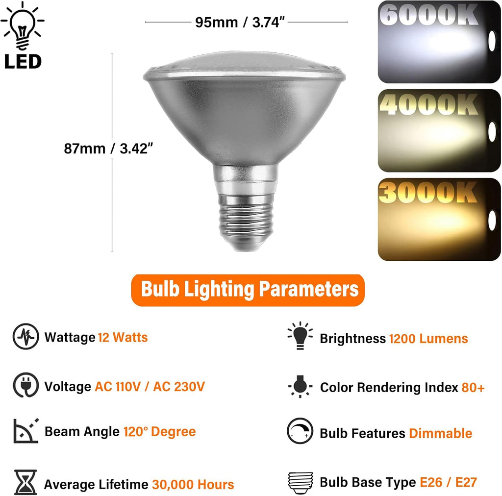 PAR30 Flood Lights LED Bulbs 12 Watt 1200 LM (75 Watt Eqv.) Dimmable Bulb Spotlight, 10% - 100% Brightness