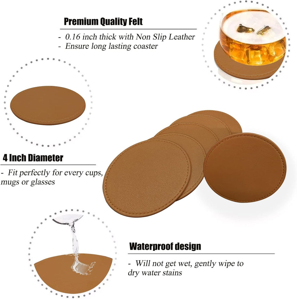 Coasters Soft Leather Drink Coaster Round Coaster with Sewing Around, Suitable for Various Cups, Wooden - Set of 6