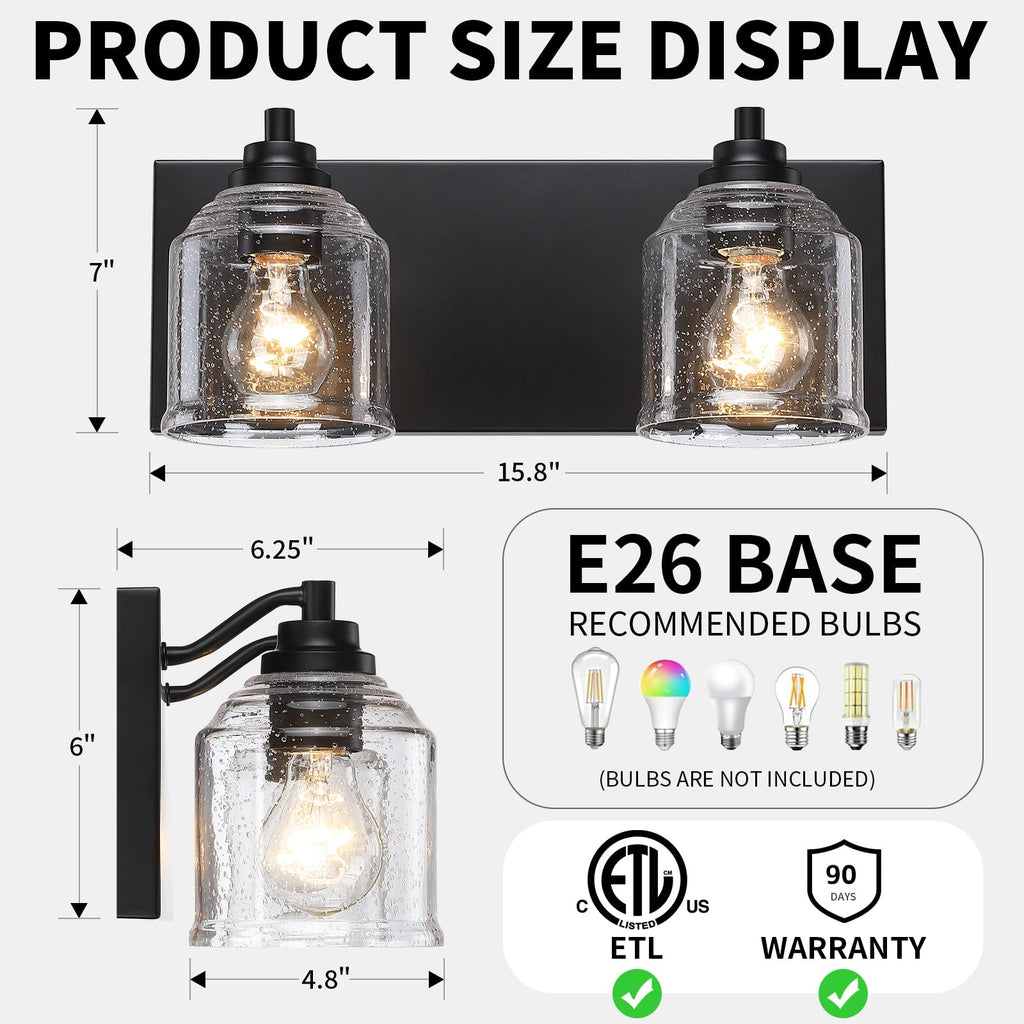 16" 2-Light Farmhouse Bathroom Vanity Light with Bubble Glass, Black