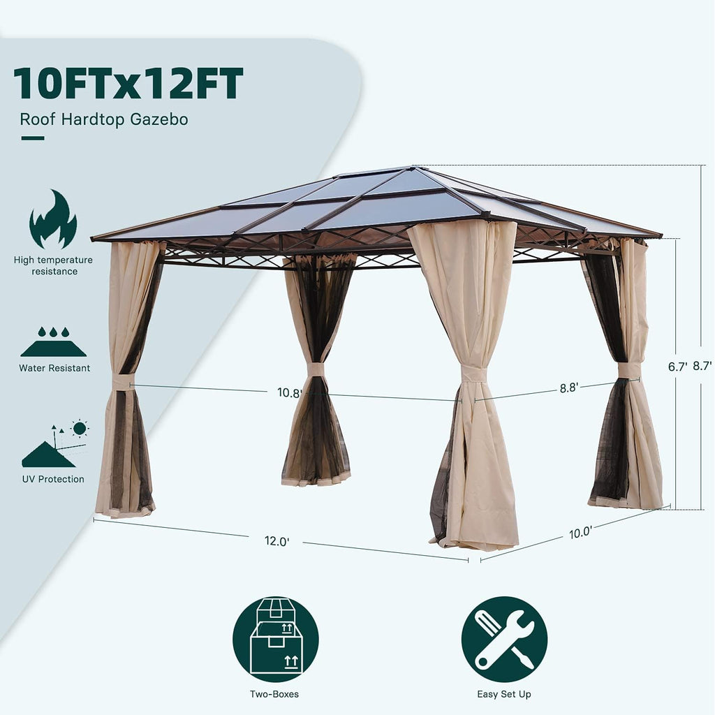 10x12 Gazebo, Hardtop Gazebo, Single Roof Pergolas Metal Aluminum Frame UV 50+ Outdoor Canopy with Mosquito Netting