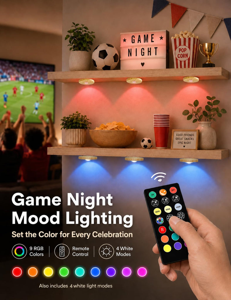 Rechargeable Puck Lights with Remote, Wood-Look Under Shelf Lights, 3 Pack
