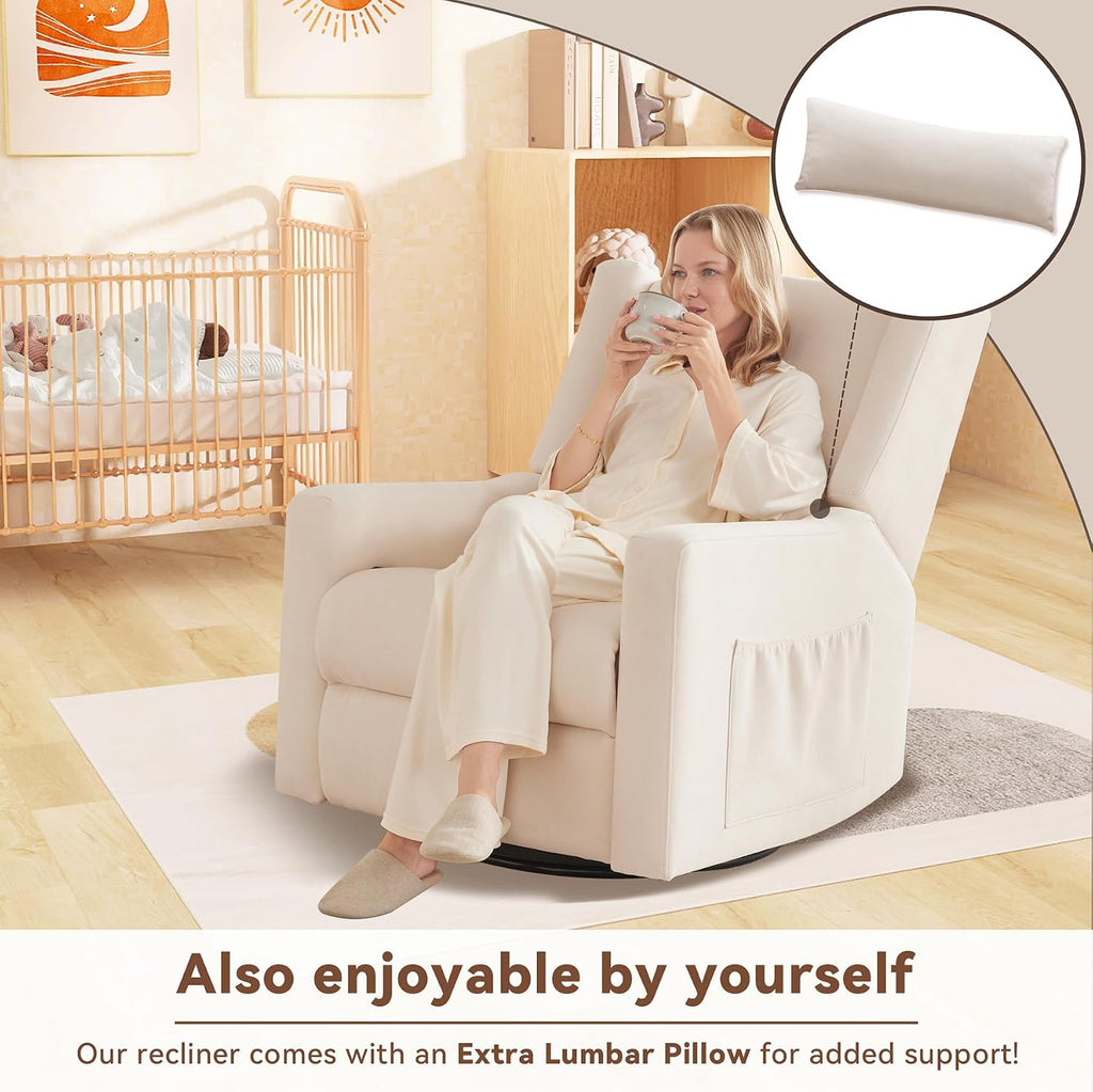 32" Nursery Rocking Chair, 360° Swivel Recliner Chair with Lumbar Support, Comfy Upholstered Armchair with Pillows &
