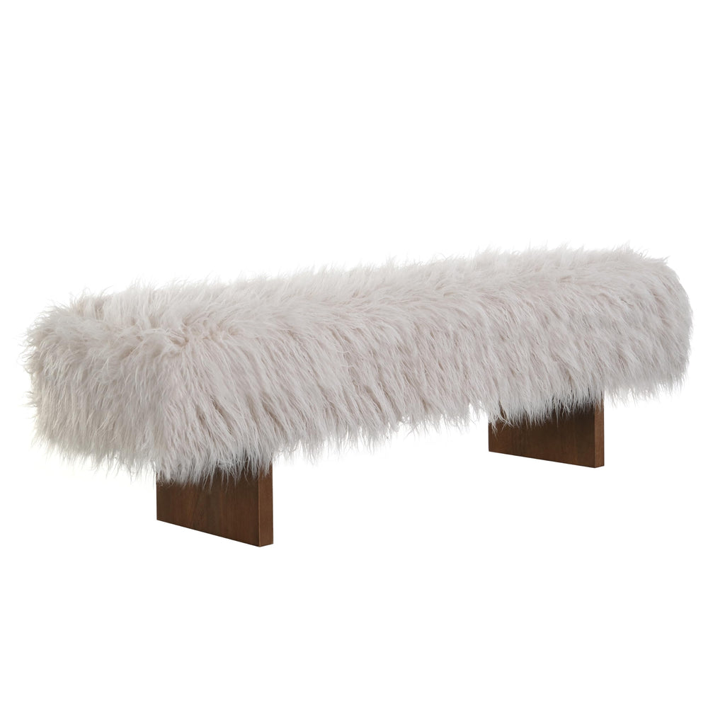 Lenka 67" Long-haired Faux Wool Bedroom Bench, Rubberwood Ottoman Bench, Spacious Seating, Long Footstool, Luxury
