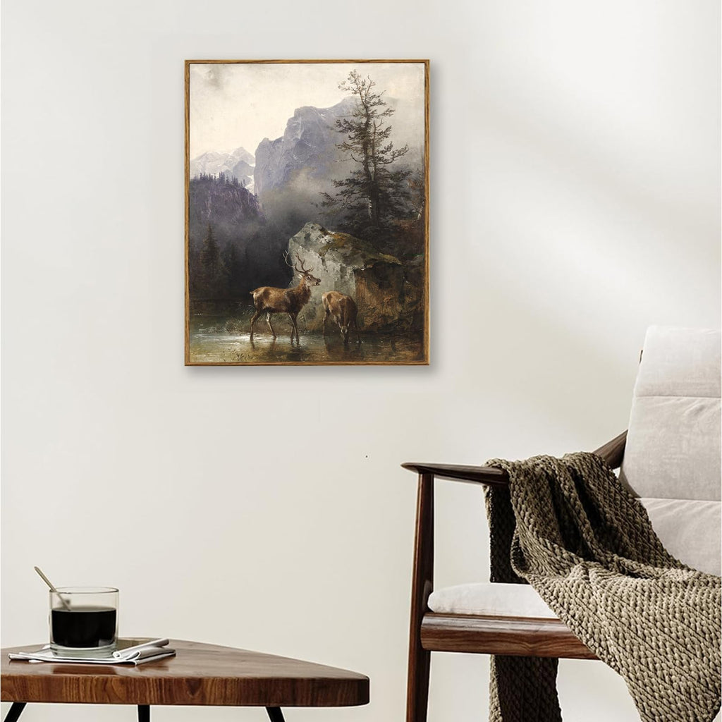 Framed Canvas Wall Art, Wildlife Mountain Deer Landscapes Painting