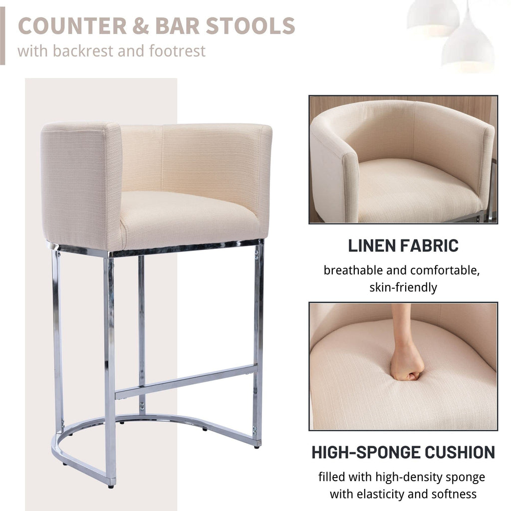 Contemporary Cream Linen Bar Stool, 29" Upholstered Fabric Counter Height Barstool Kitchen Counter Island Stool with
