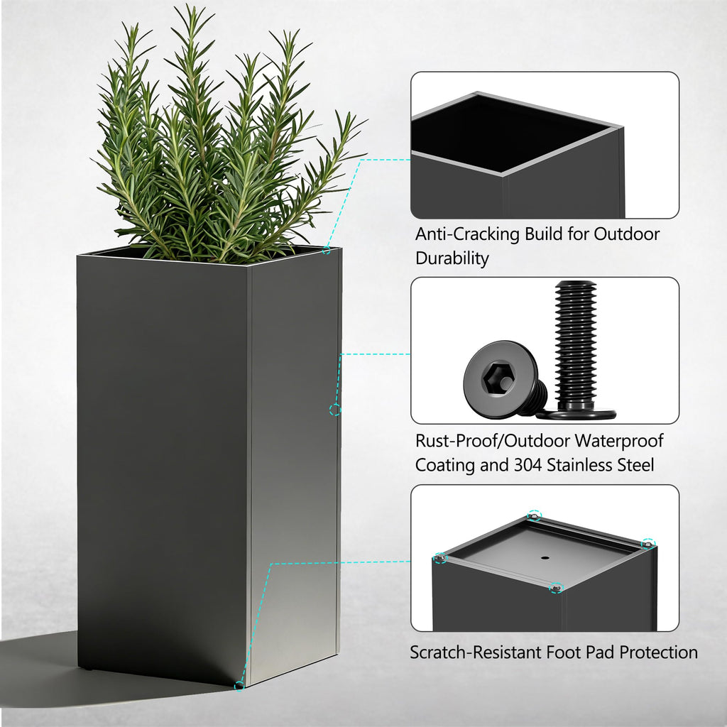 Set of 2 Tall Metal Planter Box for Outdoor Plants, 14" L x 14" W x 30" H