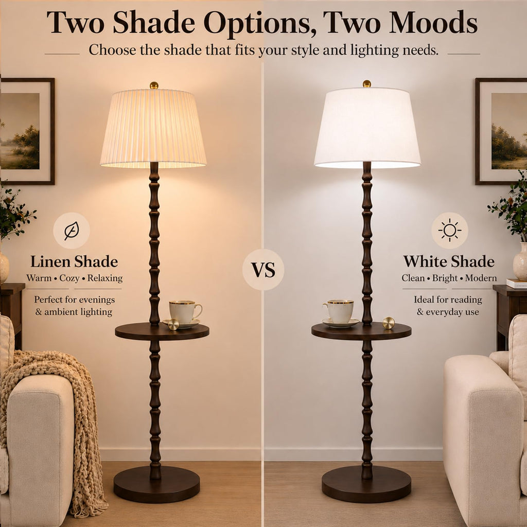 Real Wood Floor Lamp with Built-in Tray, Remote Control, Adjustable Brightness & 3 Color Temperatures, Dimmable