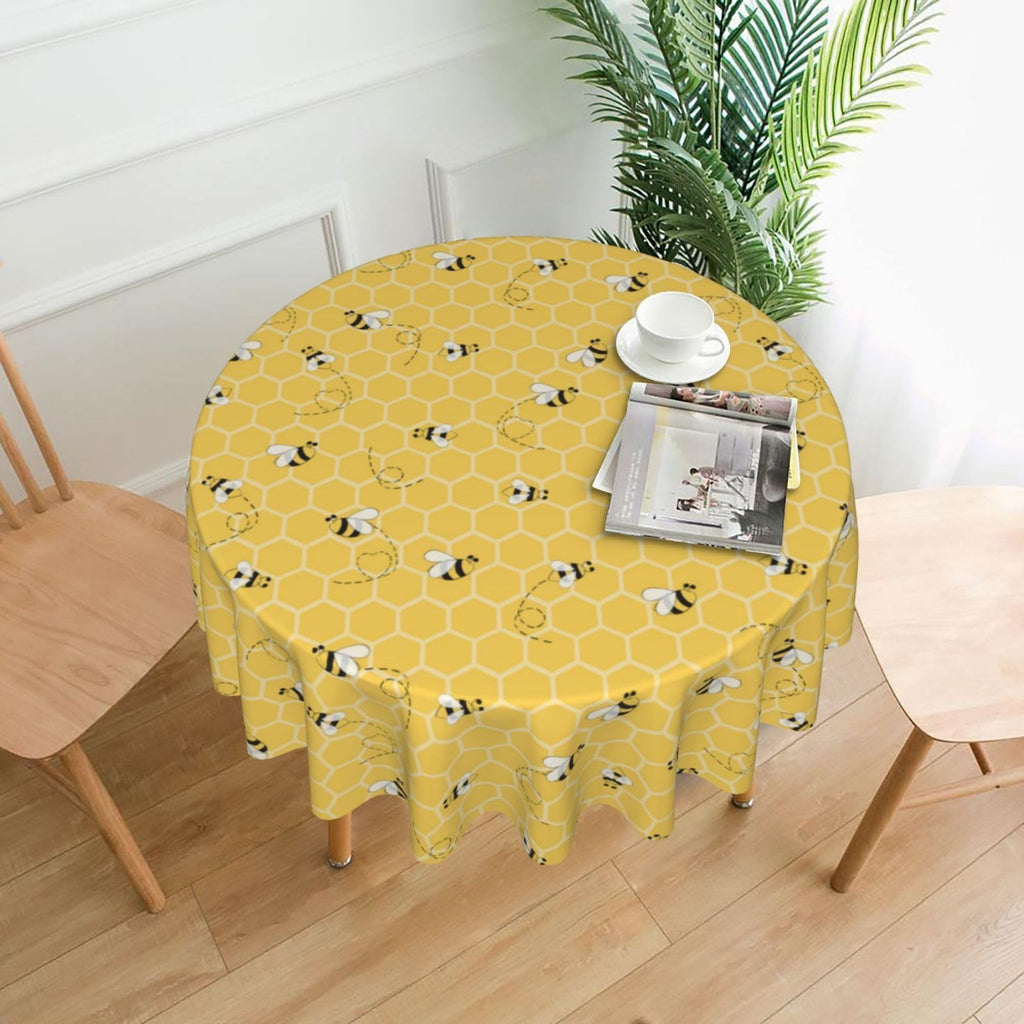 Bee Tablecloth 70 Inch Round, Bee Kind Yellow Table Cloth Honeycomb Decorations Spring Summer Round Table Cover