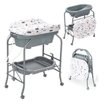 Bathtub with Stand, 2 in 1 Bath Tub & Changing Table, Foldable Infant Diaper Changing Station with Wheels, Storage