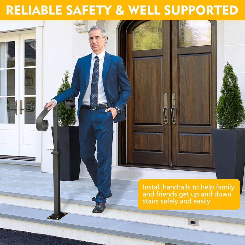 Single Post Handrail, 1 or 2 Steps Handrails for Outdoor Steps, Rust-Proof Wrought Iron Stair Railing for Seniors