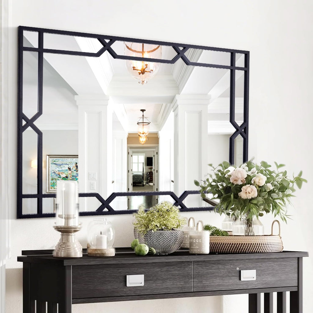 47"x32" Black Mirror for Wall Decor, Large Rectangular Decorative Mirror with Matte Black Metal Pipe Frame Living
