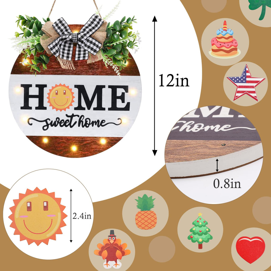Interchangeable Welcome Sign for Front Door with 4 Seasonal Wreaths, Door Wreaths for Front Door with 12 LED Lights