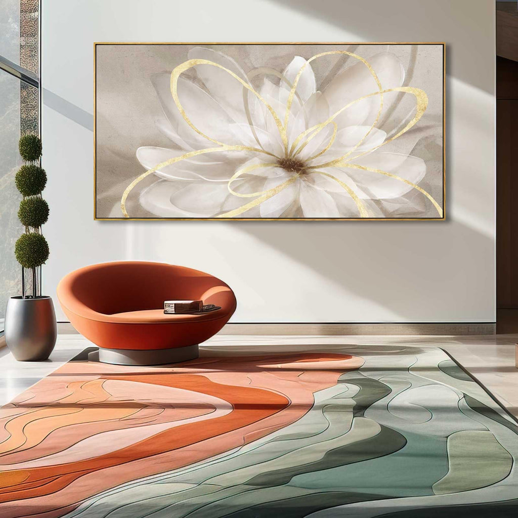 Large Framed Gold And White Floral Wall Art, 29x58 In