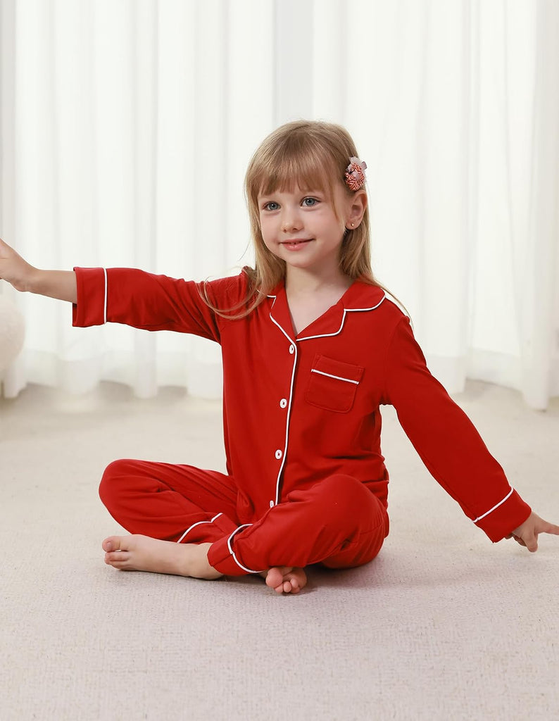 Kids Pajamas Bamboo Viscose Pajama Set, Unisex Boys Girls Long Sleeve Shirt and Pants Button Down Sleepwear