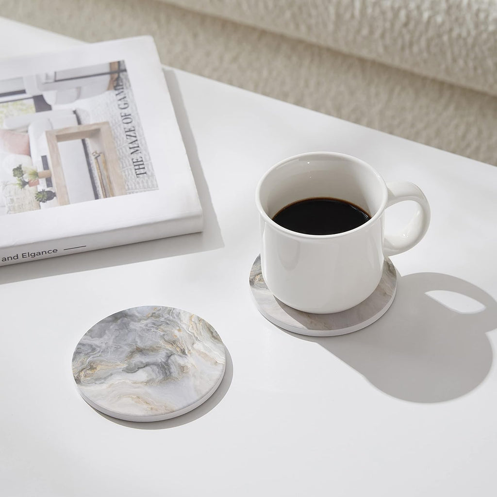 Abstract Gray White Marble Coasters with Holder, Absorbent Ceramic Coasters for Drinks, Coasters with Cork - Set of 6