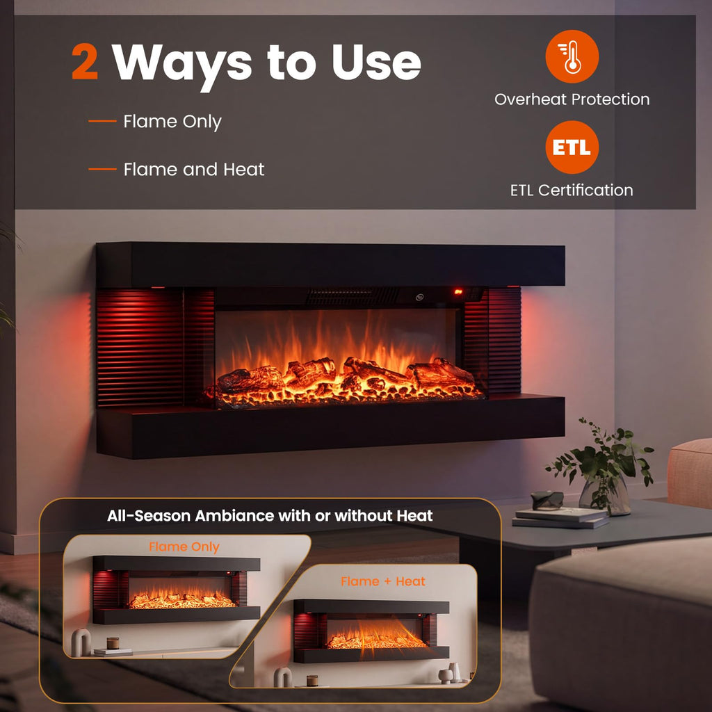 3 Sided Wall Mount Electric Fireplace w/ 40" Floating Mantel, Black