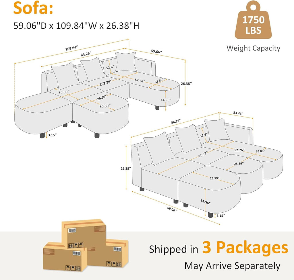 VANOMi 109.84" Modular Sectional Sofa with 3 Pillows, Convertible 5-Seater Comfy Boucle Cloud Couch with Ottoman