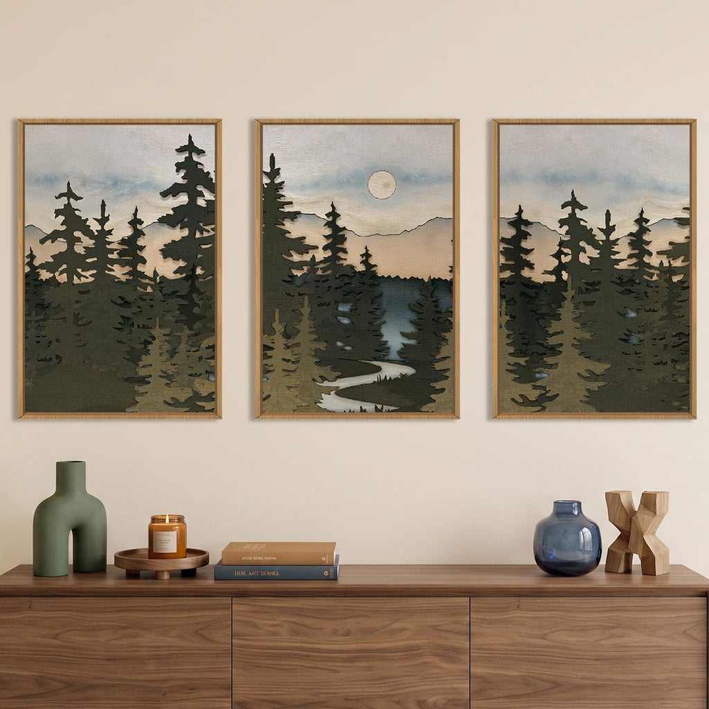 Large Boho Mountain Forest Pine Tree Framed Wall Art Set -24"x36"x3
