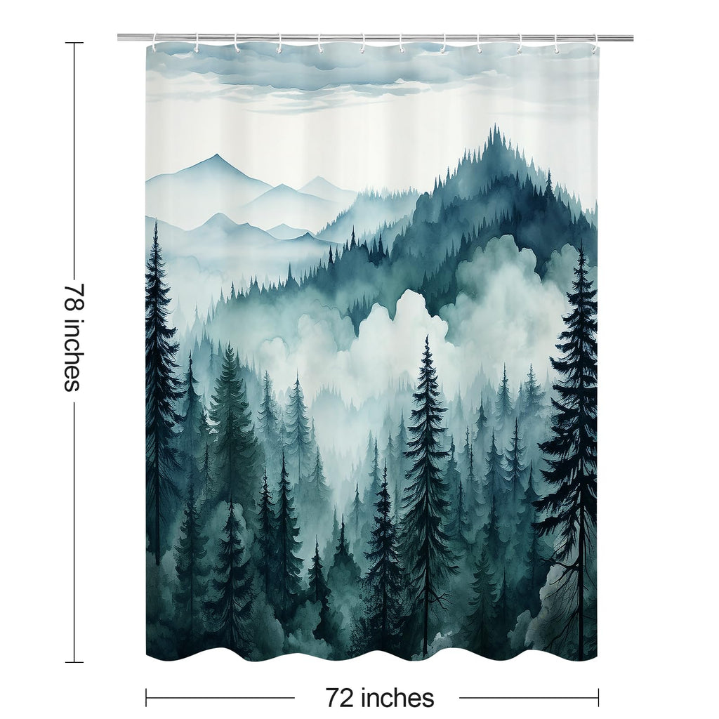 Peacock Blue Pine Forest Shower Curtain, Misty Woodland, 72 x 78 Inches