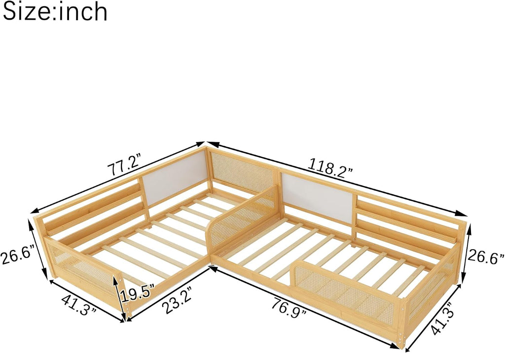L-Shaped Double Twin Size Pine Wooden Floor Bed Frame with Bookshelves & Whiteboards, for 2, Detachable 2 in 1 Low