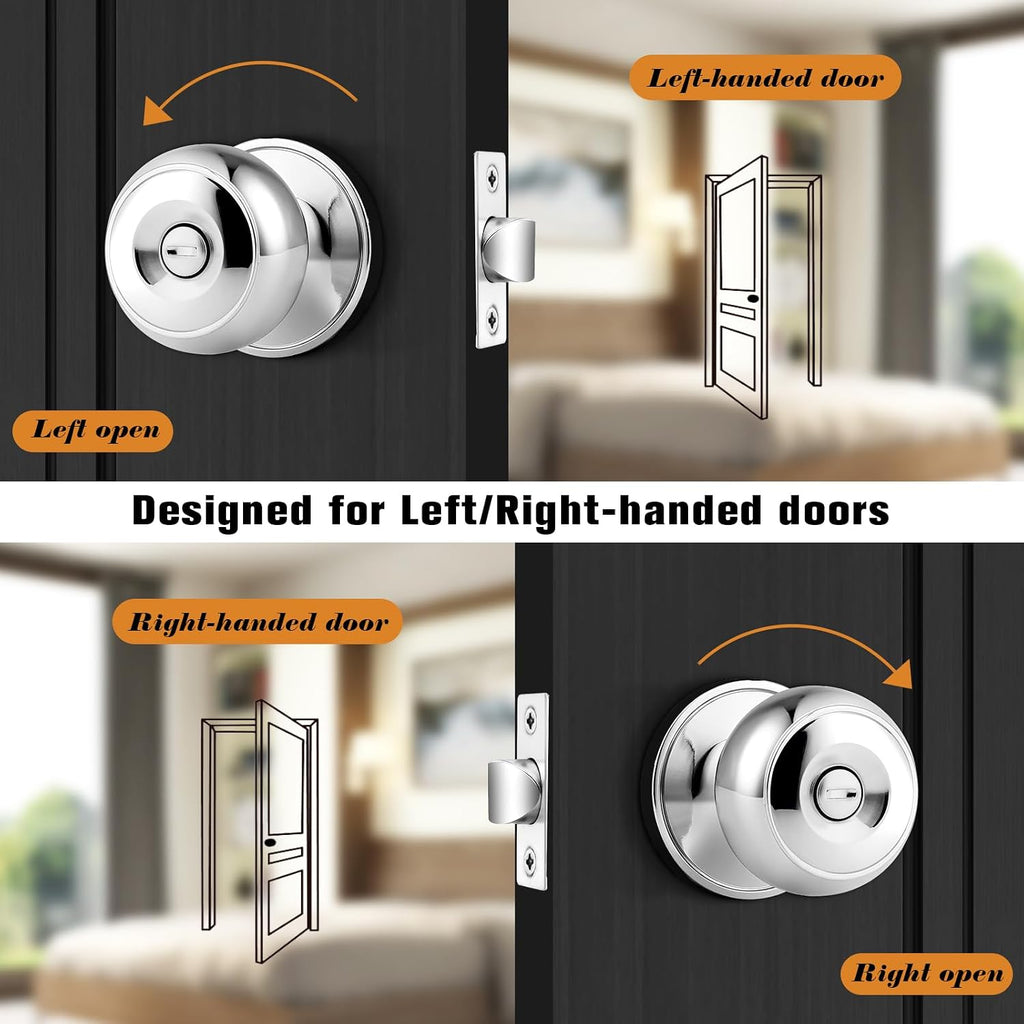 Polished Chrome Bed/Bath Door Knobs, Privacy Door Locksets, Keyless Interior Door Knobs, 10 Pack
