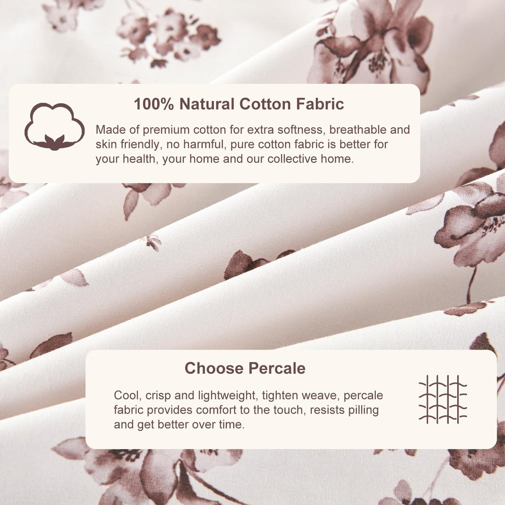 Sheets Set Vintage Tan/Brown Floral Bedding Farmhouse Sheets Set 100% Percale Cotton Breathable Cool Crisp