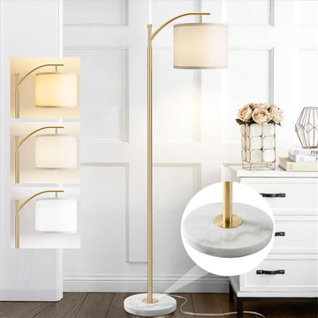 Gold Floor Lamp with Marble Base, Modern Standing Lamp with 3 Color Temperatures Bulb & Adjustable Linen Shade, Tall