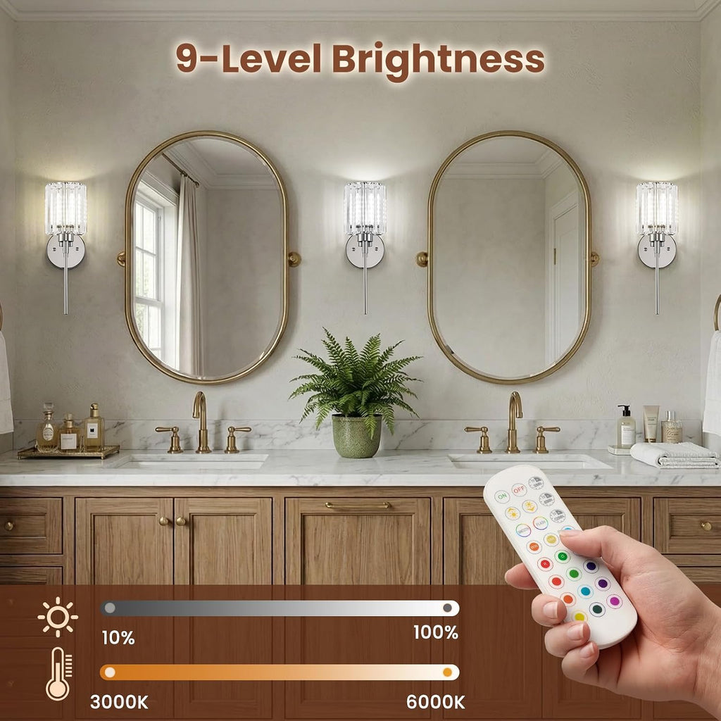 2-Pack Crystal Battery Operated Wall Sconces, Chrome Rechargeable Wireless Wall Sconce Lights with Dimmable Bulbs and