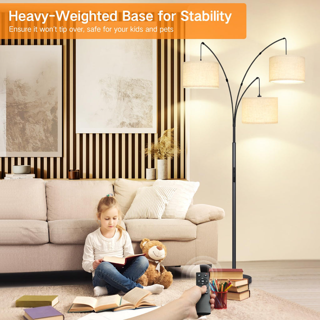 Arc LED Floor Lamp with Remote & Touch Control, Dimmable Modern Black 3 Light Arched Tall Floor Lamp, Mid Century