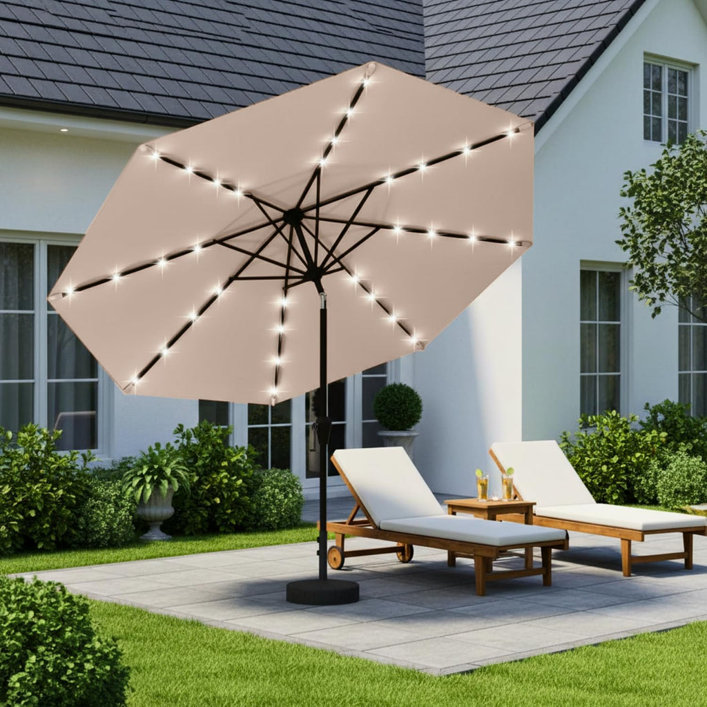 9' Solar LED Patio Umbrella with Tilt & Crank|8 Sturdy Ribs,UV Protection,Outdoor Market Table Umbrella