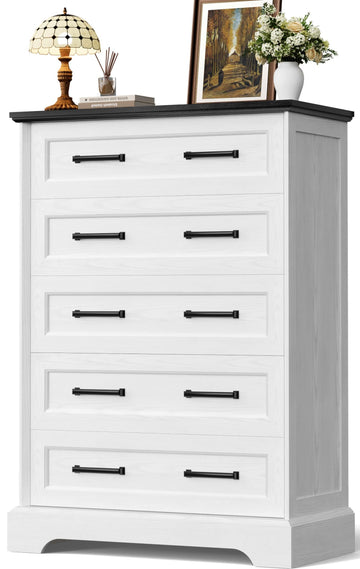 Tall Dresser, Farmhouse 5 Drawers Dresser, White&Black