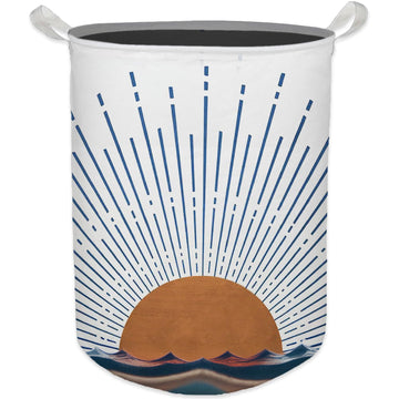 Boho Laundry Basket, Mid Century Modern Boho Terracotta Sun Sea Wave Waterproof Collapsible Laundry Hamper Dirty