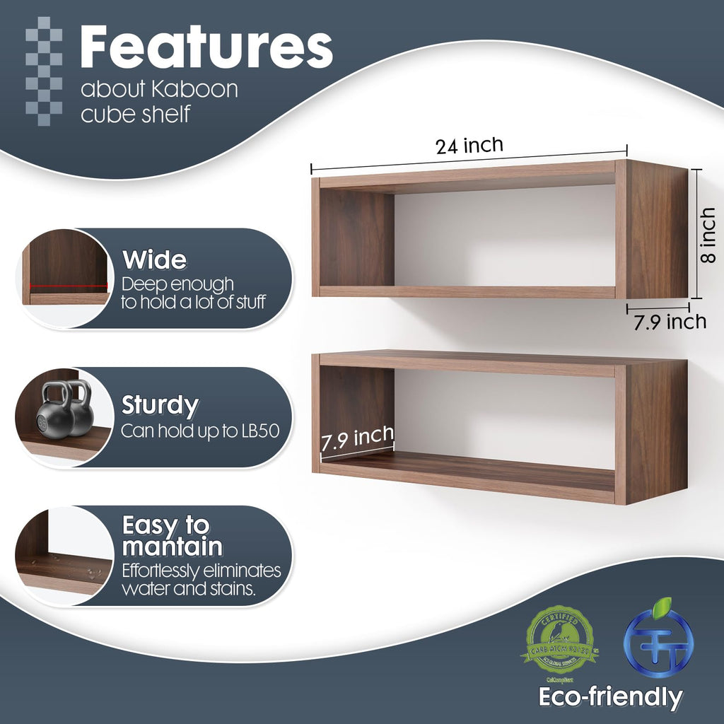 24in Floating Cube Shelves Set of 2, Display Shelves Wall Mount, Decorative Hanging Shelves Living Room Office, (Dark