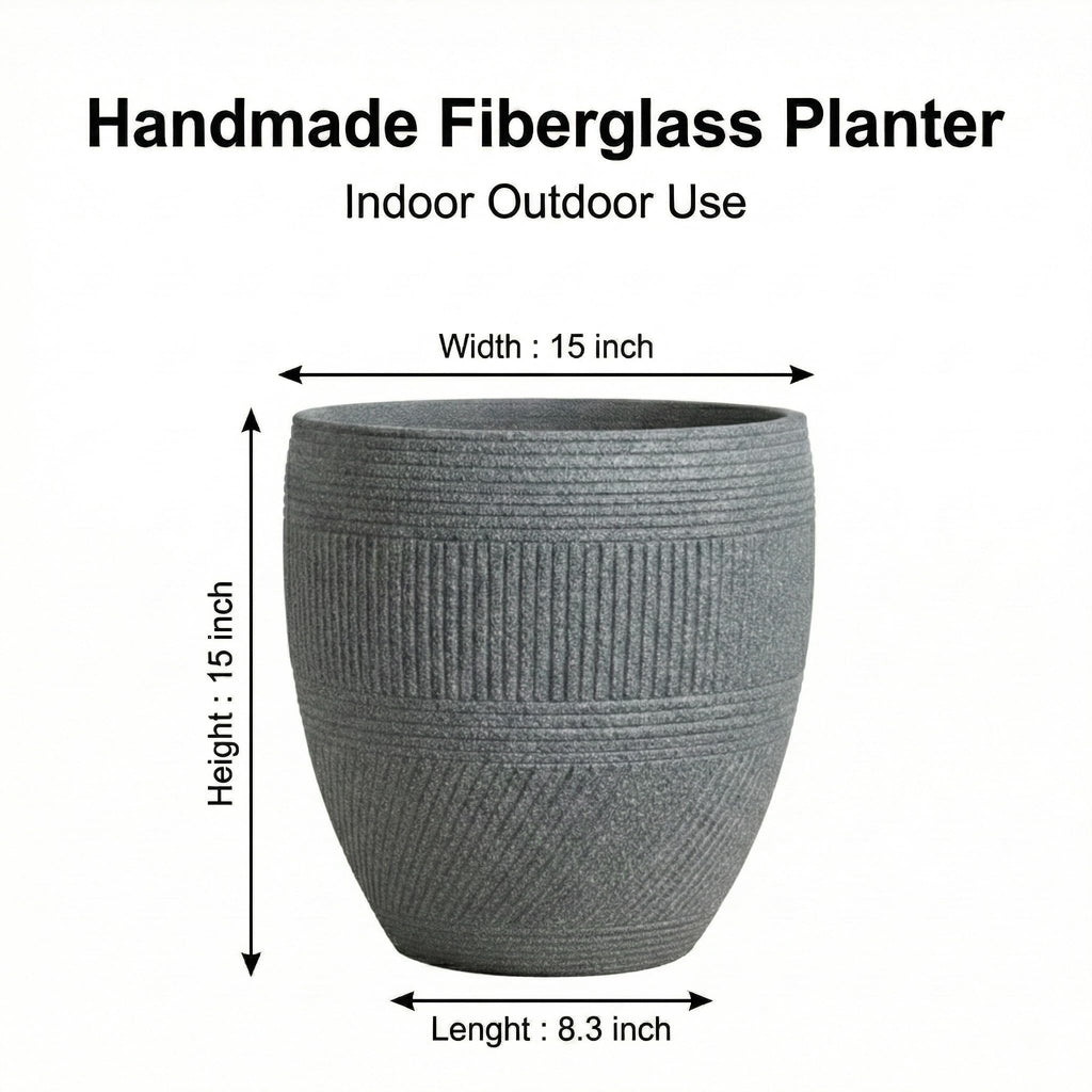 15" Textured Drum Outdoor Planter, Charcoal Gray, Modern Round Plant Pot