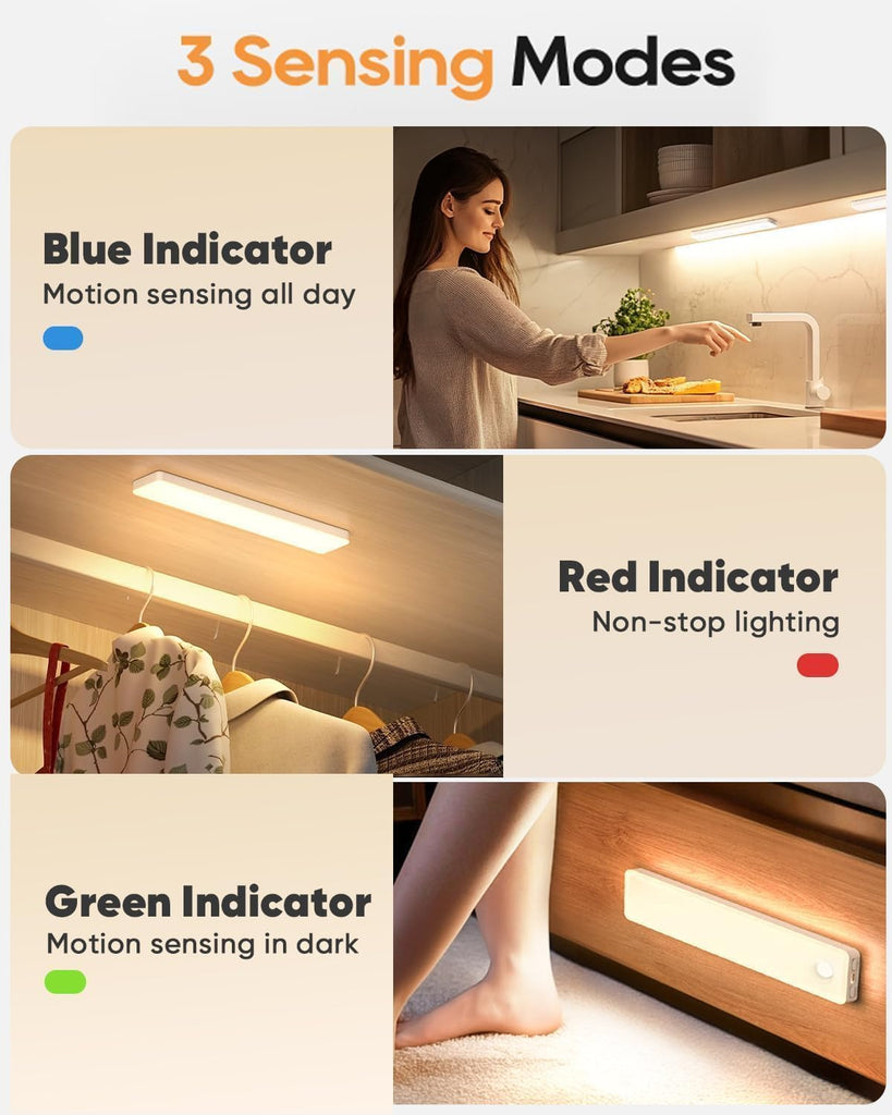 6 Pack 13inch Under Cabinet Lighting, 3 Color Temperatures Motion Sensor Light Indoor, USB Rechargeable Battery