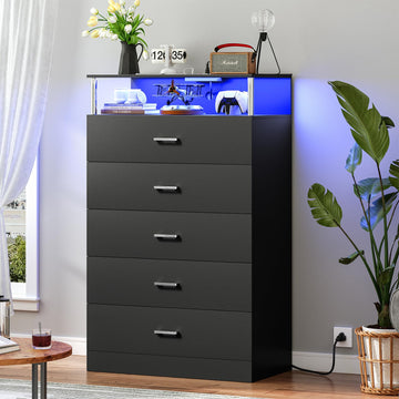Black Dresser with Column Design & Charging Station, Led 5 Drawers Tall Dresser, Black