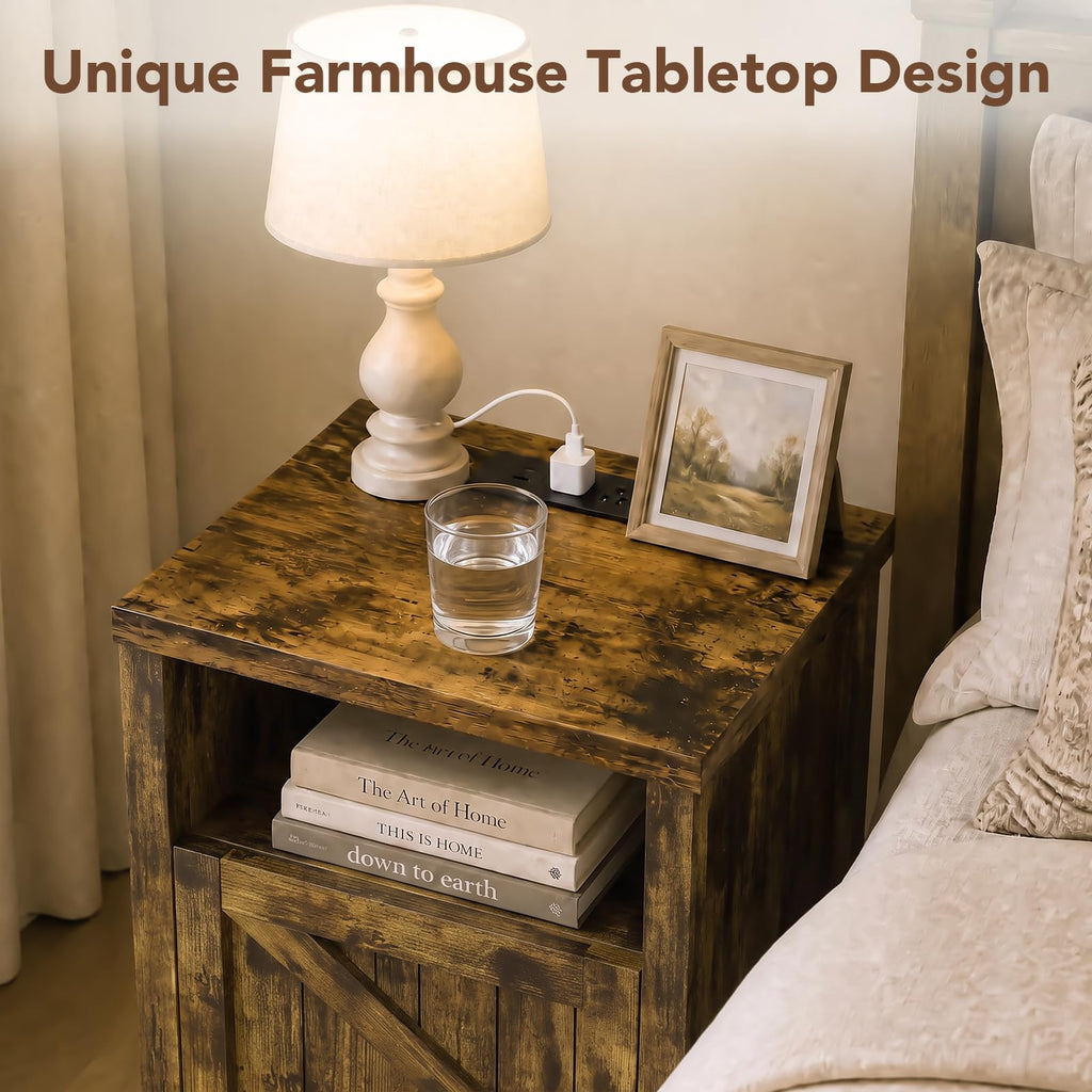 Farmhouse Nightstand with Charging Station, Couch Side Table Set of 2, Bedside Table with Storage Space, End Tables