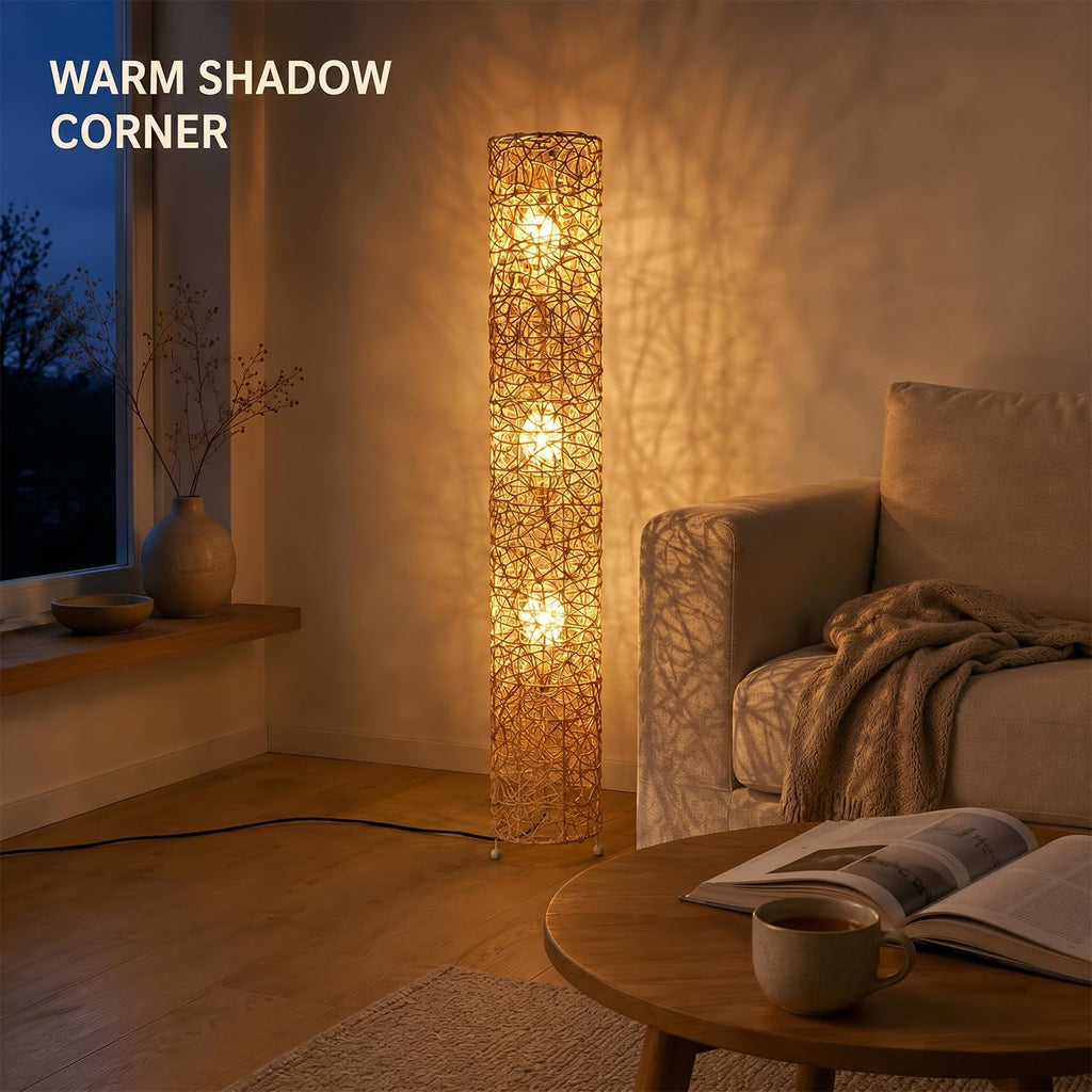 43in Boho Rattan Floor Lamp with 3 E26 LED Bulbs&3 Color Temperatures