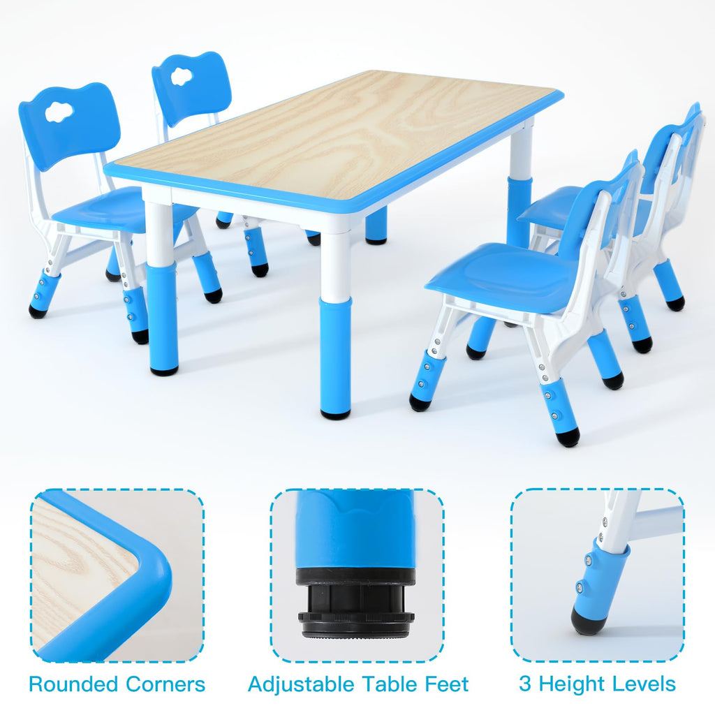 Kids Table and 4 Chairs Set, Height Adjustable Children Table & Chair, Toddlers Study Multi-Activity Table with